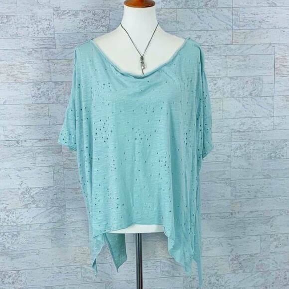 Mint green eyelet handkerchief hem short sleeve asymmetric tunic tee - Picture 1 of 7